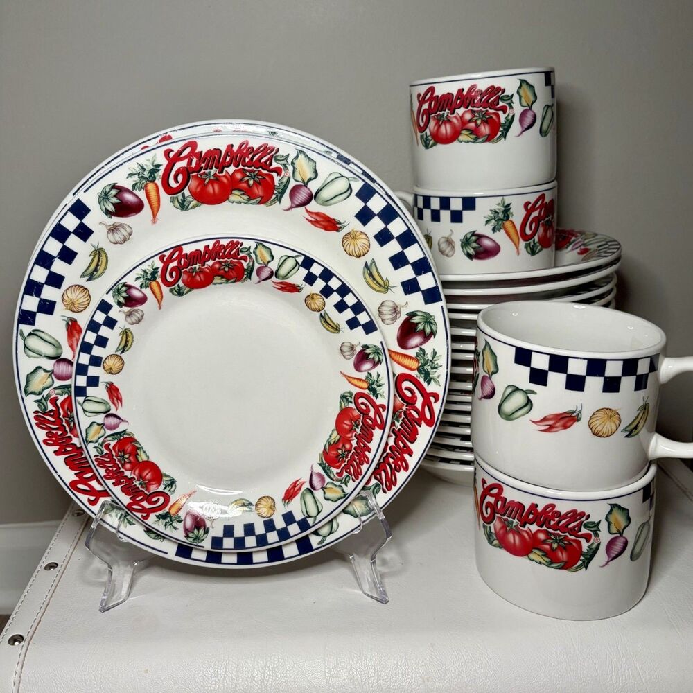 Campbell’s Soup Vegetable Checkered Dinnerware Set — Plates Bowls Mugs